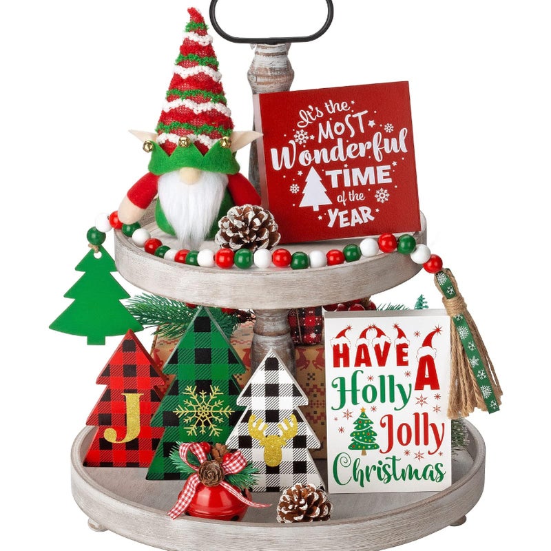 Asoulin Farmhouse Christmas Tiered Tray Decor 10 PCS Set with Wooden Signs Gnome Plush Kitchen Table Mantel Party - Image 2