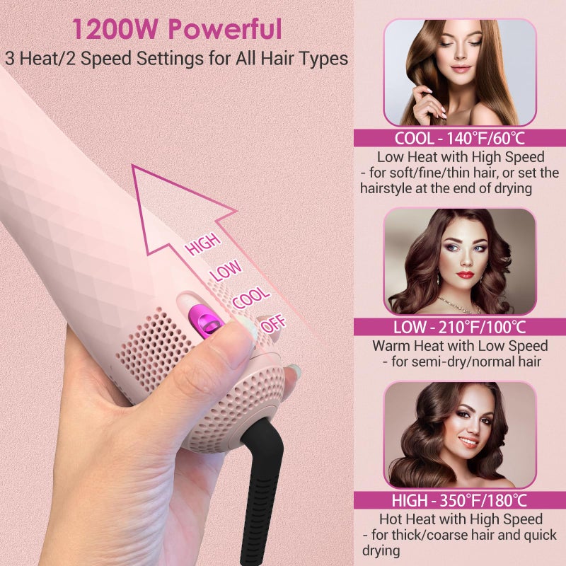 APOKE 3 in 1 Hair Dryer Brush Professional 1200W Powerful Ceramic Tourmaline 3 Heat/2 Speed Settings One Step Hair Dryer and Styler (Pink) - Image 3