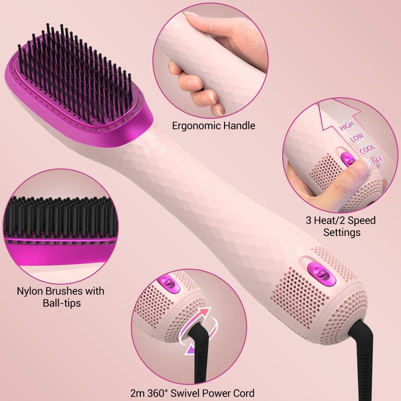 APOKE 3 in 1 Hair Dryer Brush Professional 1200W Powerful Ceramic Tourmaline 3 Heat/2 Speed Settings One Step Hair Dryer and Styler (Pink) - Image 5