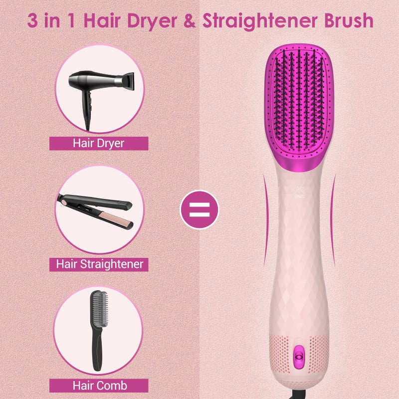 APOKE 3 in 1 Hair Dryer Brush Professional 1200W Powerful Ceramic Tourmaline 3 Heat/2 Speed Settings One Step Hair Dryer and Styler (Pink) - Image 2