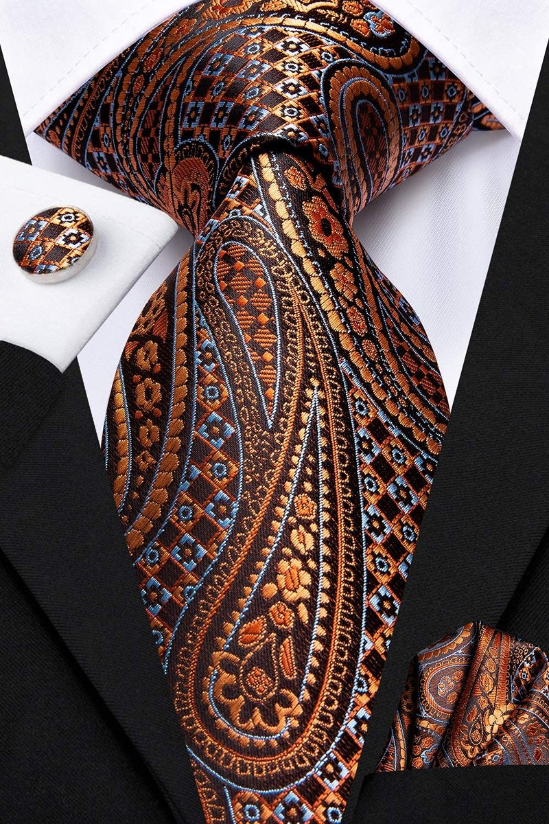 Dubulle Mens Orange Rust Paisley Floral Silk Tie for Men Striped Necktie Pocket Square Cufflinks Set Wedding Business - Image 4