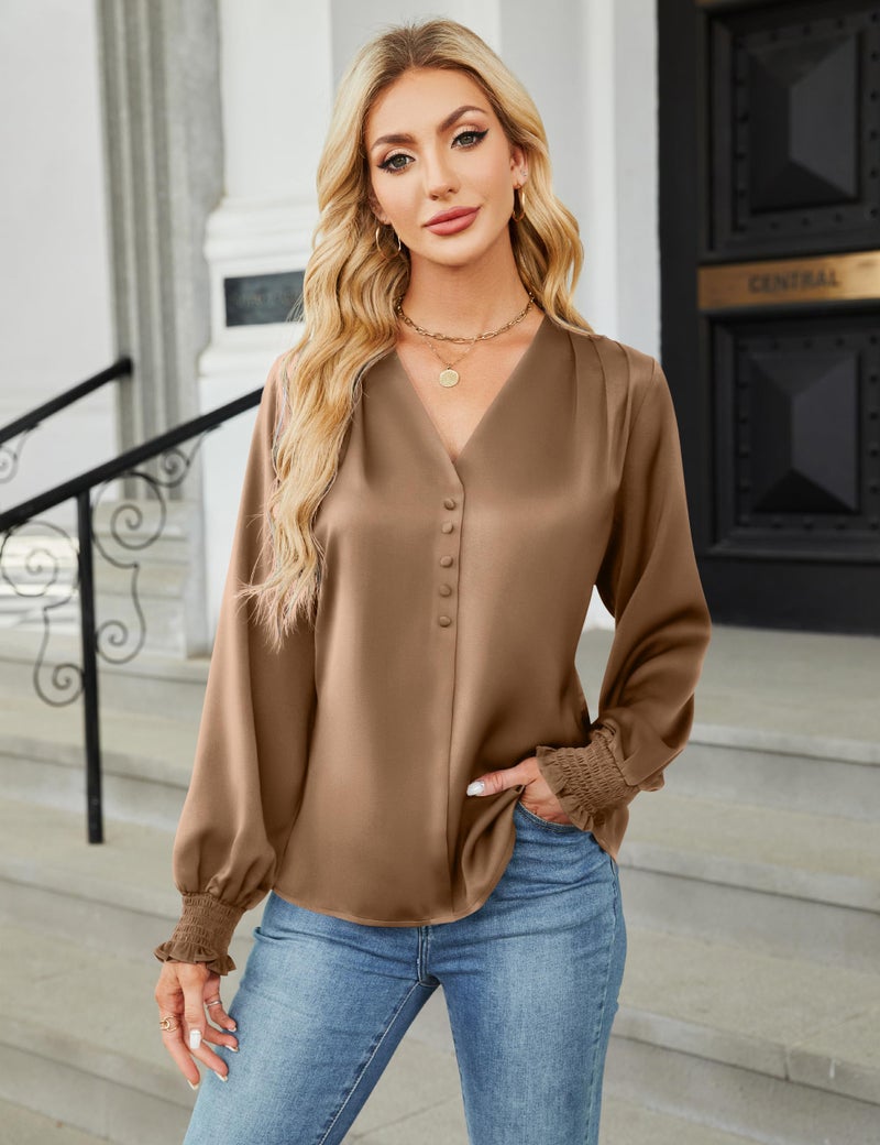 BMJL Women's Blouses Dressy Casual Satin Silk Long Sleeve Shirts Business Casual Tops(Camel,L) - Image 2