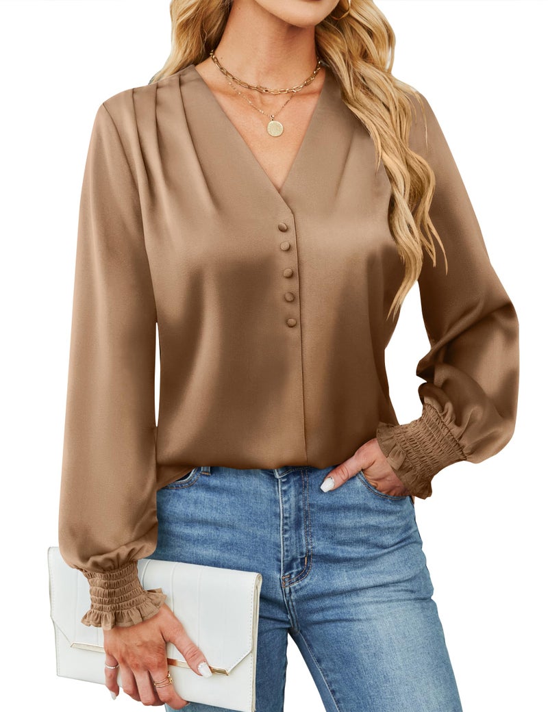 BMJL Women's Blouses Dressy Casual Satin Silk Long Sleeve Shirts Business Casual Tops(Camel,L) - Image 1