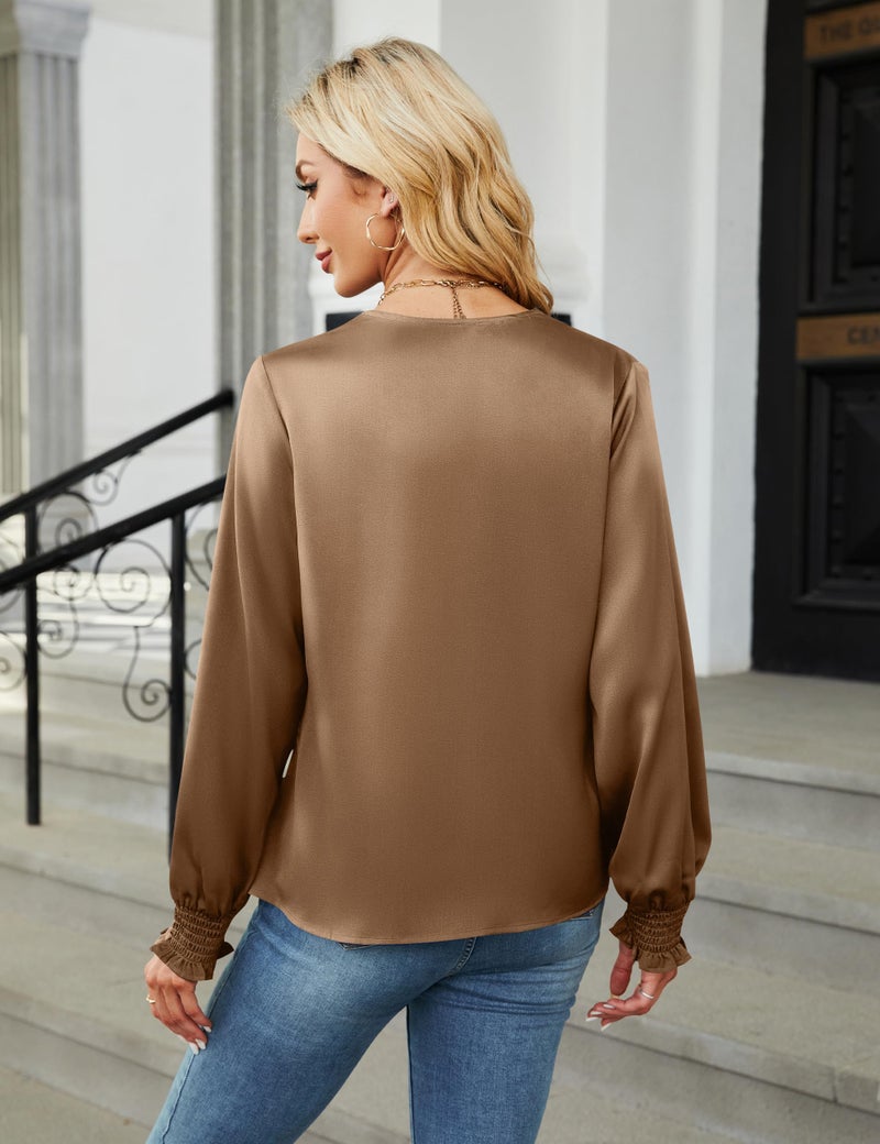 BMJL Women's Blouses Dressy Casual Satin Silk Long Sleeve Shirts Business Casual Tops(Camel,L) - Image 3