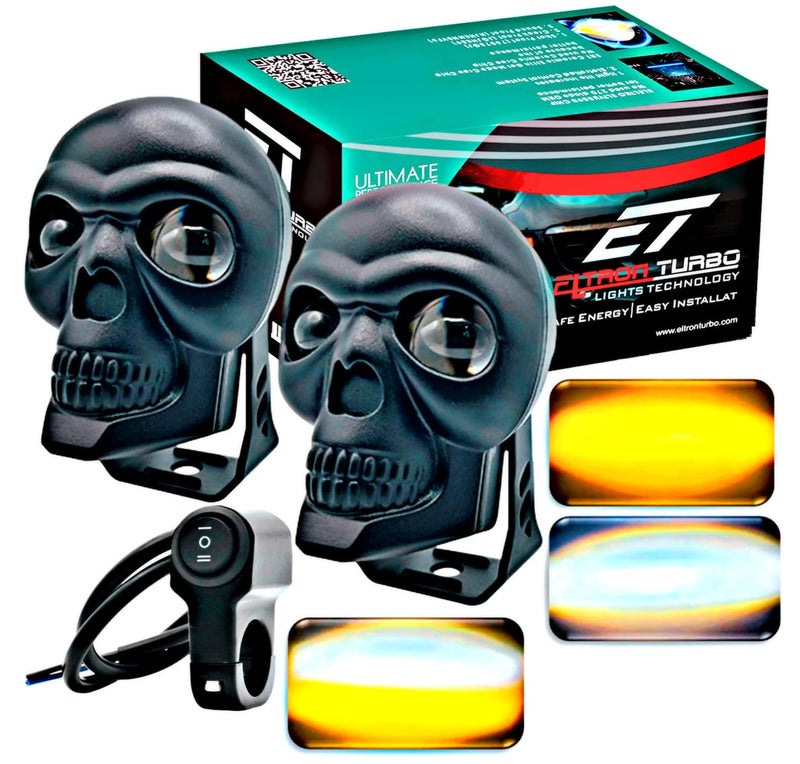 ELTRON TURBO Imported 1 Year Warranty Skull Original Design 12-24V 120W DC Power Led Bright Fog Light Waterproof Spotlight Universal Fit For All Bikes,Scooties,Car (Pack of 2, Yellow, White, Switch) - Image 1