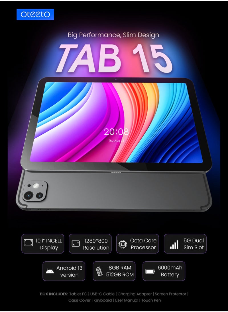 Oteeto - Oteeto TAB 15 Tablet/10.1 Inch/4G SIM/Premium Design/iOS Style Operating System/5G Dual SIM/Octa Core Processor/Included Flip Cover and Keyboard/8GB RAM + 512 GB ROM/Android 13/6000 mAh/8MP Front + 13 MP Rear Camera - Image 1