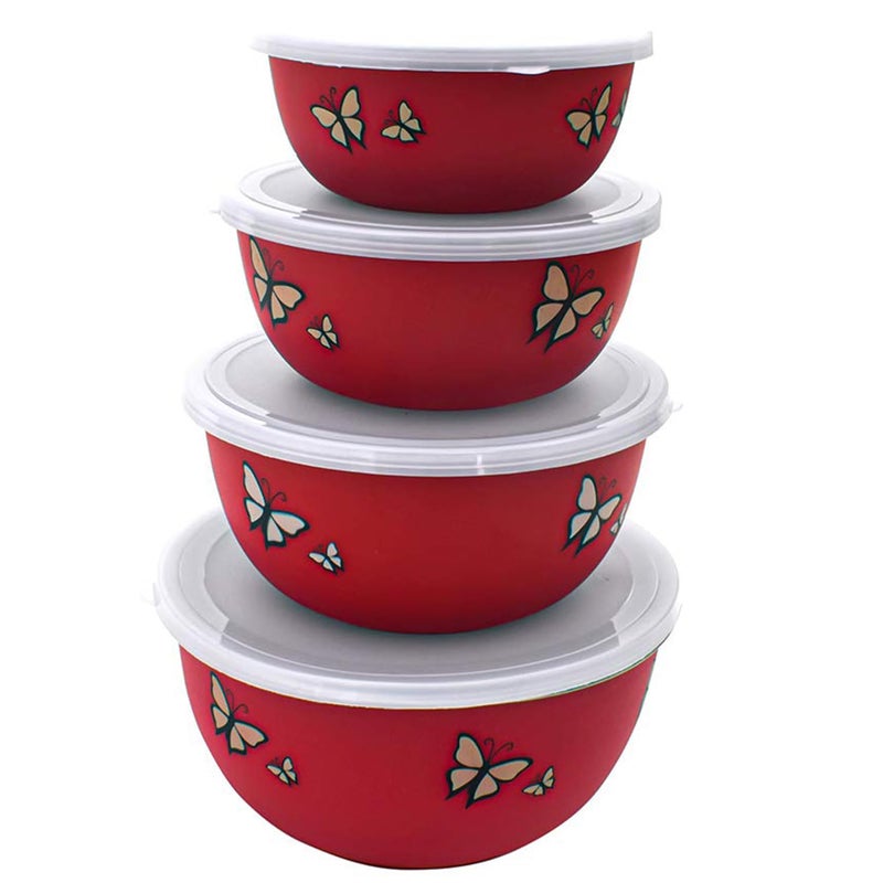Zaib Stainless Steel Micrwoave Safe Euro Mixing Bowl with lid for kitchen | Food Storage Container (Red Buttefly Set 4) - Image 1