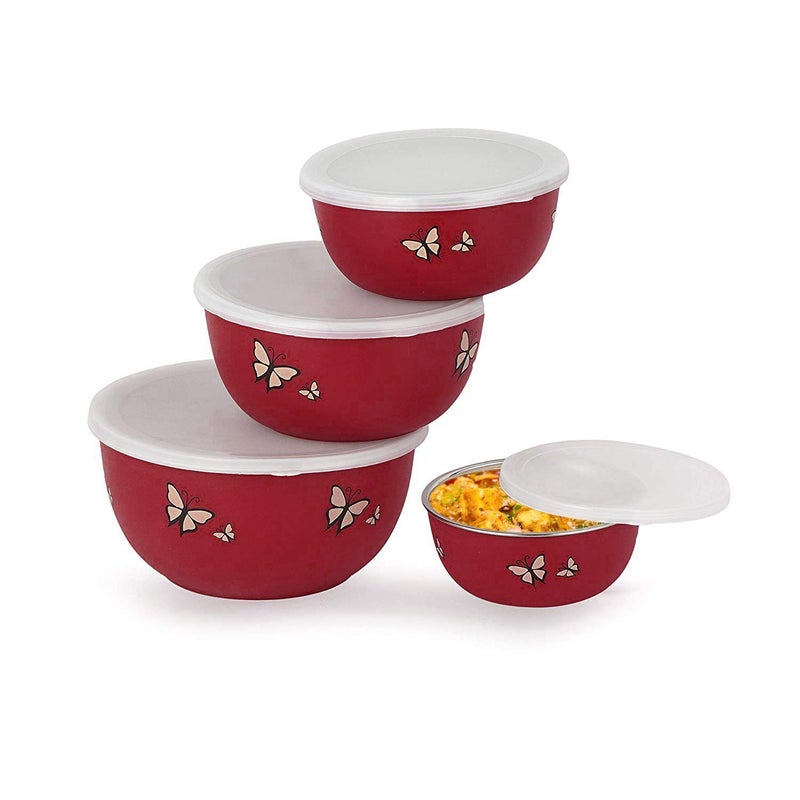 Zaib Stainless Steel Micrwoave Safe Euro Mixing Bowl with lid for kitchen | Food Storage Container (Red Buttefly Set 4) - Image 3