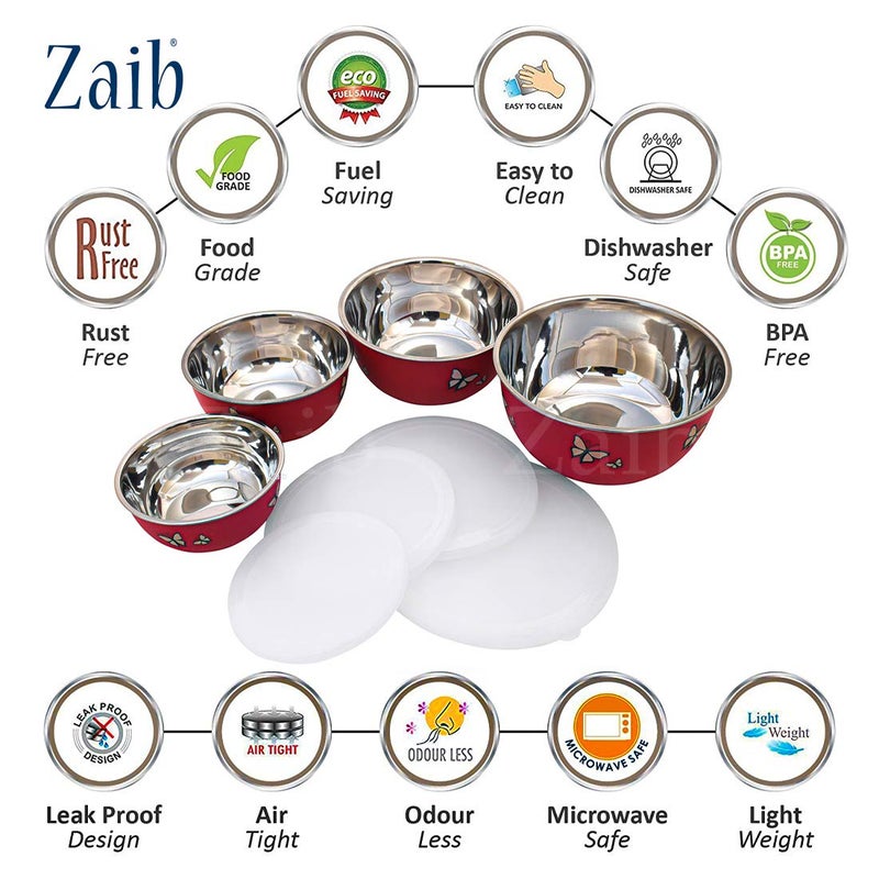 Zaib Stainless Steel Micrwoave Safe Euro Mixing Bowl with lid for kitchen | Food Storage Container (Red Buttefly Set 4) - Image 4