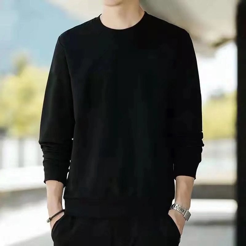 2024 Winter Pullover Plus Size Round Neck Mens fleece-lined Thickened Sweatshirt Mens Korean Casual Student Warm Top Black thin section - Image 1