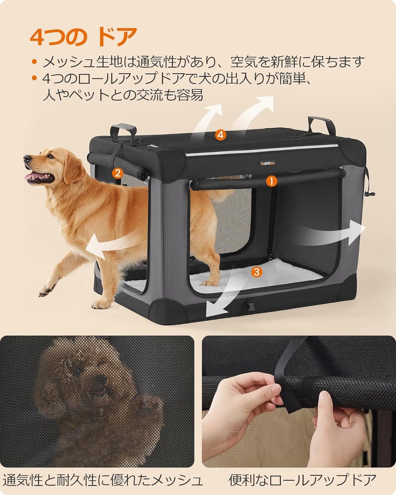 FEANDREA Foldable Dog Cranch, 36 Inch Transport Box for Large Dogs, Dog Carrier, Oxford Fabric, with 4 Mesh Doors, Handles, Food Compartments and Water Bottle, Ink Black PDC019B01 - Image 4