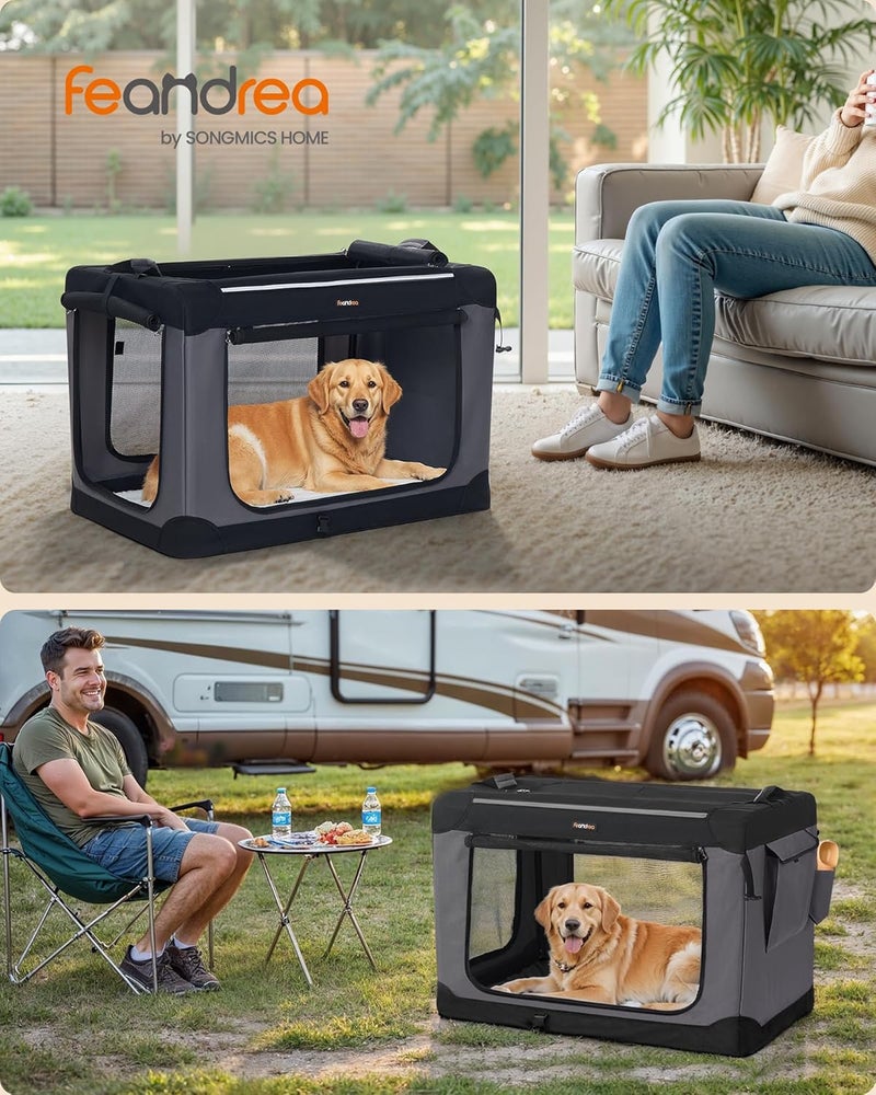 FEANDREA Foldable Dog Cranch, 36 Inch Transport Box for Large Dogs, Dog Carrier, Oxford Fabric, with 4 Mesh Doors, Handles, Food Compartments and Water Bottle, Ink Black PDC019B01 - Image 2