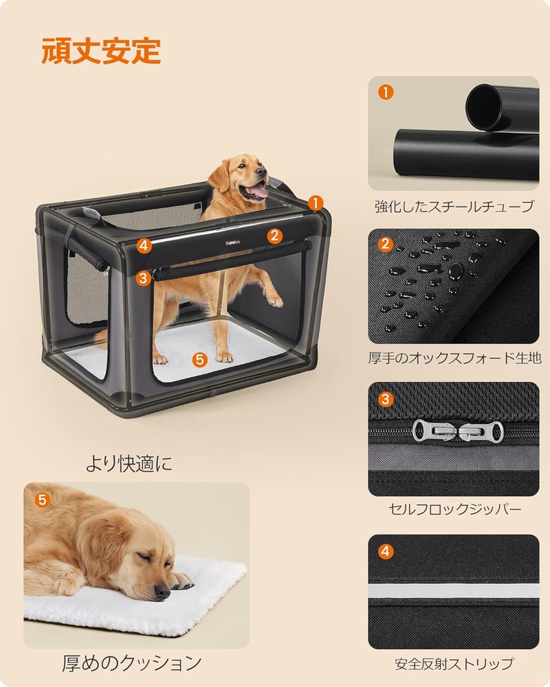 FEANDREA Foldable Dog Cranch, 36 Inch Transport Box for Large Dogs, Dog Carrier, Oxford Fabric, with 4 Mesh Doors, Handles, Food Compartments and Water Bottle, Ink Black PDC019B01 - Image 5