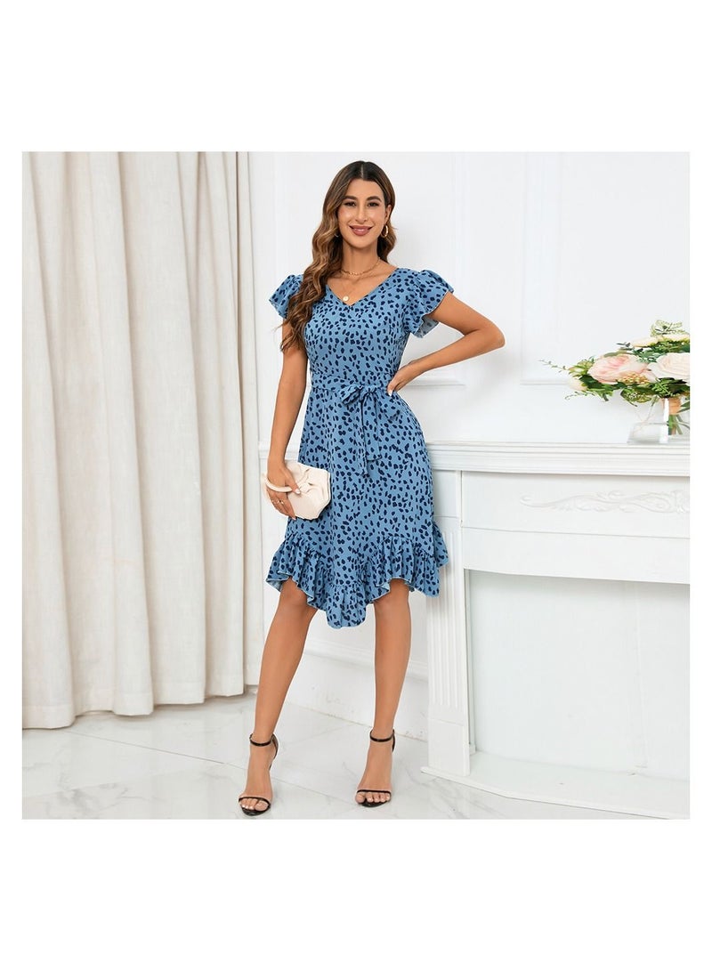 Loquat Slim Fit V-Neck Ruffle Short Sleeve Leopard Print Dress  - Image 3