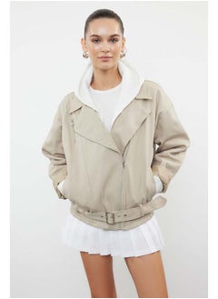 trendyol Beige Oversize Belted Gabardine Biker Slim Jacket Coat TWOAW25MO00121  - Image 1