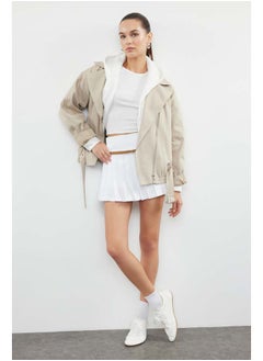 trendyol Beige Oversize Belted Gabardine Biker Slim Jacket Coat TWOAW25MO00121  - Image 2