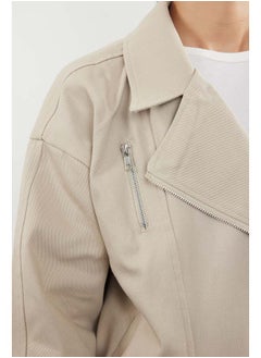 trendyol Beige Oversize Belted Gabardine Biker Slim Jacket Coat TWOAW25MO00121  - Image 4