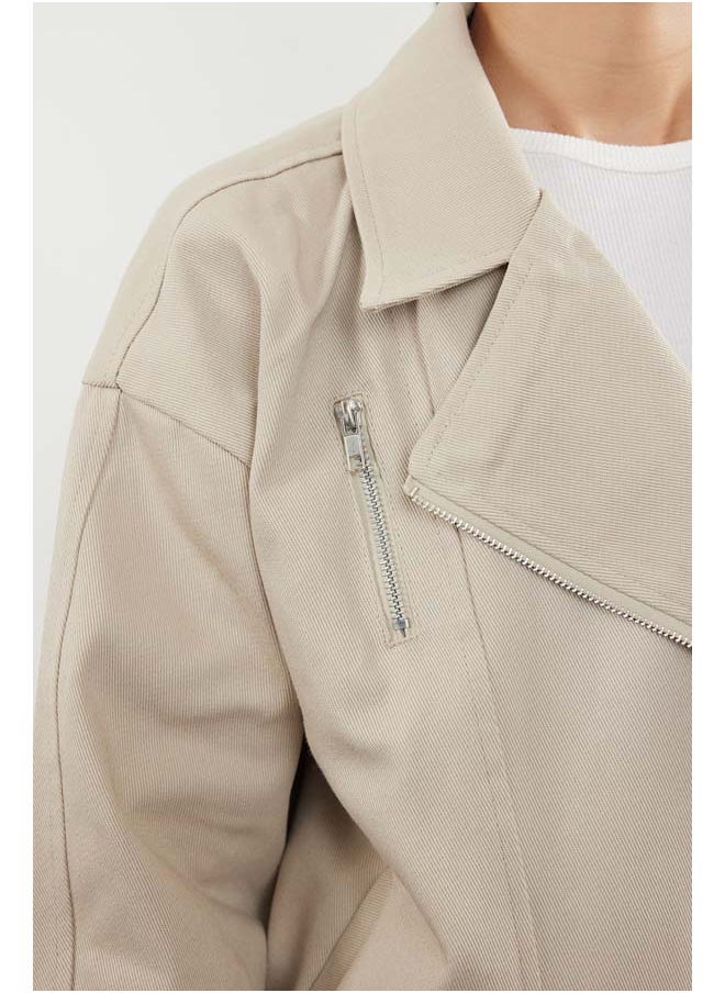 trendyol Beige Oversize Belted Gabardine Biker Slim Jacket Coat TWOAW25MO00121  - Image 4