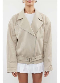 trendyol Beige Oversize Belted Gabardine Biker Slim Jacket Coat TWOAW25MO00121  - Image 3