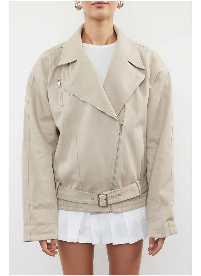 trendyol Beige Oversize Belted Gabardine Biker Slim Jacket Coat TWOAW25MO00121  - Image 3