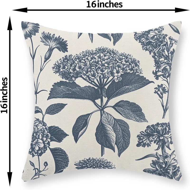 GOLIANDA Blue Pillow Covers 16x16 Set of 2 Vintage Boho Floral Hydrangea Herbs Botanical Throw Pillow Cover Outdoor Flower Decoration Pillowcase Linen Farmhouse Cushion Case Decorative for Couch Sofa - Image 2