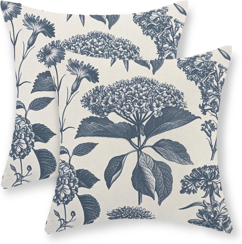 GOLIANDA Blue Pillow Covers 16x16 Set of 2 Vintage Boho Floral Hydrangea Herbs Botanical Throw Pillow Cover Outdoor Flower Decoration Pillowcase Linen Farmhouse Cushion Case Decorative for Couch Sofa - Image 1