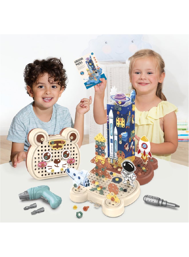 Assembled Toolbox Baby Puzzle Electric Drill Screwdriver Screw Repair Children Repair Toolbox-Color:Animal Space With Electric Drill 214PCs】 - Image 3