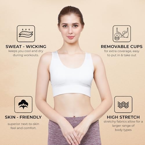 PLUMBURY Women's Padded Cross Back Medium Support Nylon Spandex Sports Bra, Size S, White - Image 2