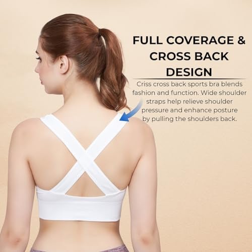 PLUMBURY Women's Padded Cross Back Medium Support Nylon Spandex Sports Bra, Size S, White - Image 3