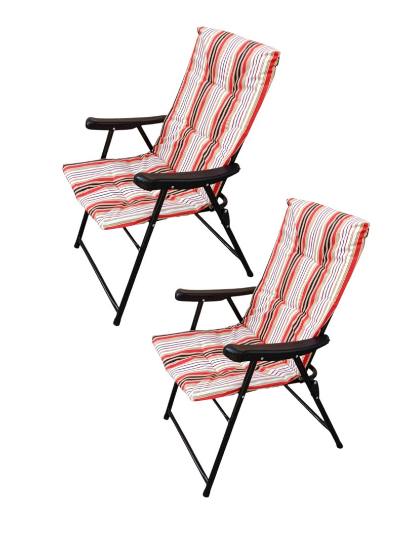GO2CAMPS 2 PCS Premium and Heavy Duty Foldable Camping Chairs with Thick Cushioned Seat & Backrest – Colorful Striped Fabric Design – Lightweight Portable Steel Frame with Armrests – Ideal for Arabic Majlis, Desert Camping, Outdoor Travel, Garden, Balcony, Picnic & Beach Use - Image 1