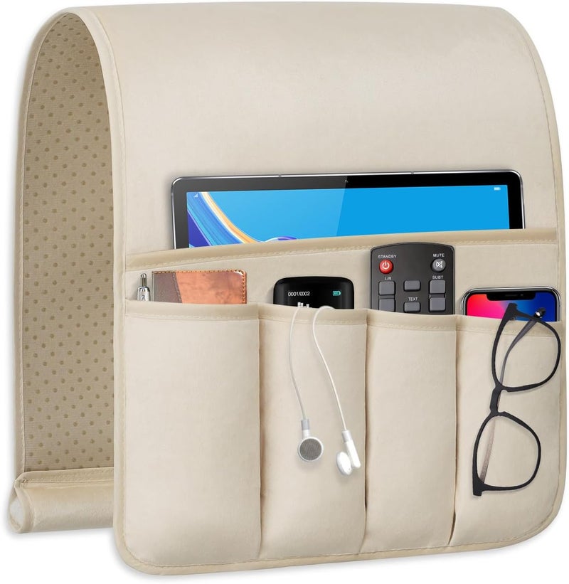 WETRBWEH Remote Control Holder for Armchair Caddy，Couch Caddy Organizer TV Remote Holder for Bed Storage 5 Pockets，Remote Caddy Bedside Organizer Bedside Table Organizer (Beige, 35"x12.4") - Image 1
