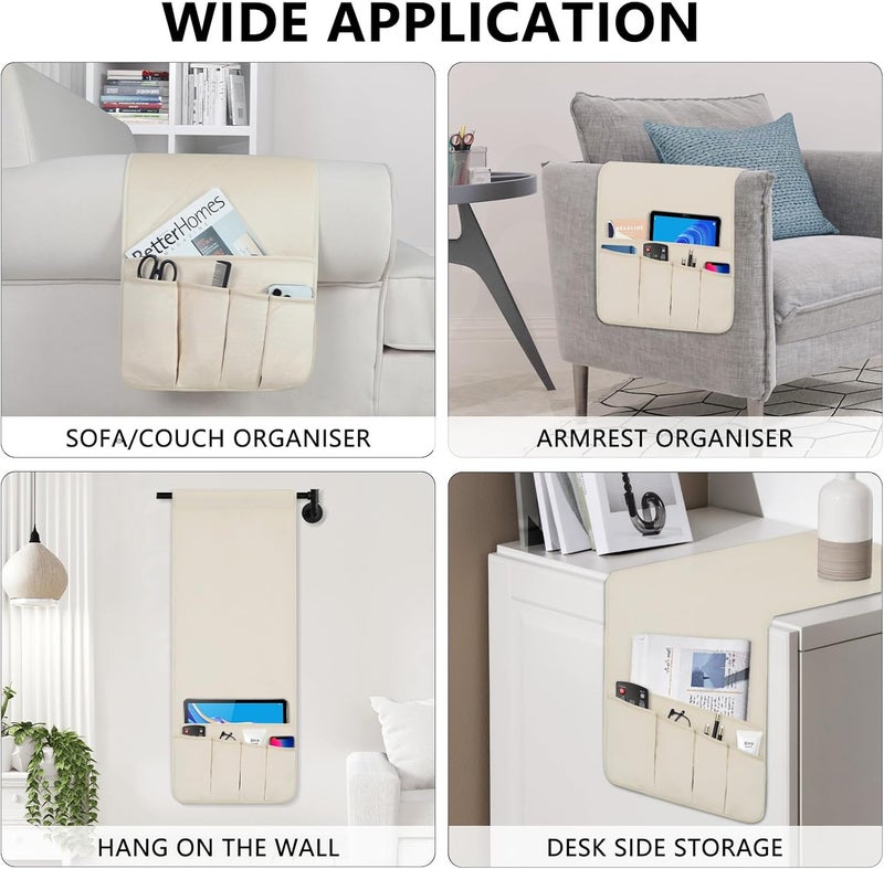 WETRBWEH Remote Control Holder for Armchair Caddy，Couch Caddy Organizer TV Remote Holder for Bed Storage 5 Pockets，Remote Caddy Bedside Organizer Bedside Table Organizer (Beige, 35"x12.4") - Image 5