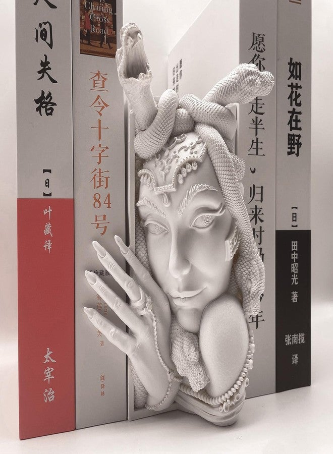 JARPSIRY Medusa Head Book Nook, Unique Snake Women Face Decorative Bookends, Heavy Duty Book Stopper for Home Office Desk, Vintage Shelf Decor (White) - Image 4