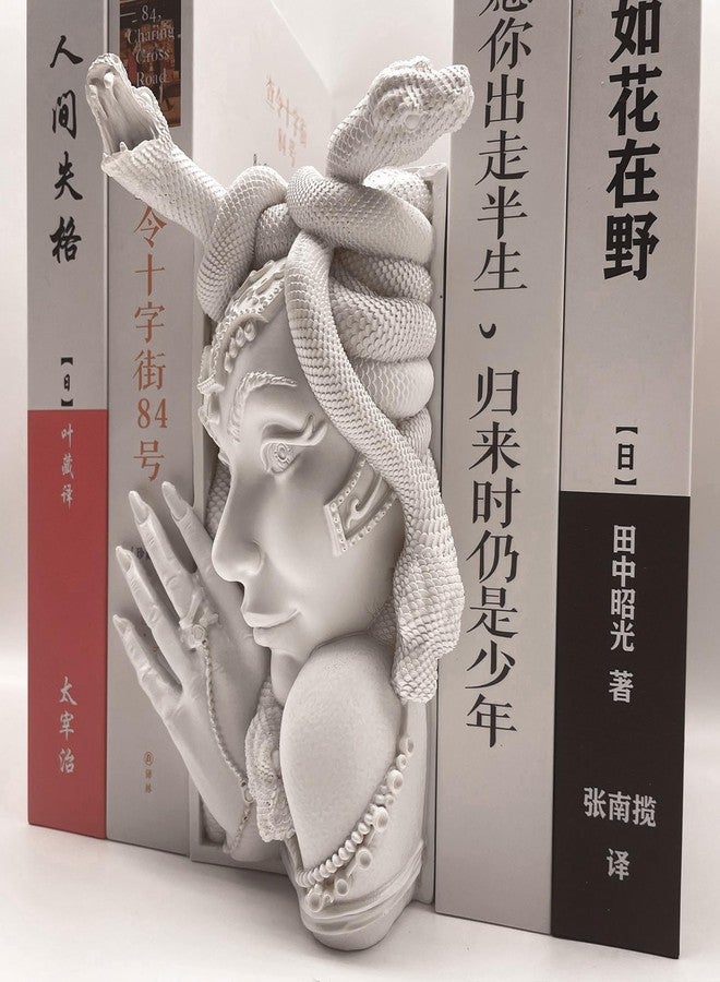 JARPSIRY Medusa Head Book Nook, Unique Snake Women Face Decorative Bookends, Heavy Duty Book Stopper for Home Office Desk, Vintage Shelf Decor (White) - Image 5