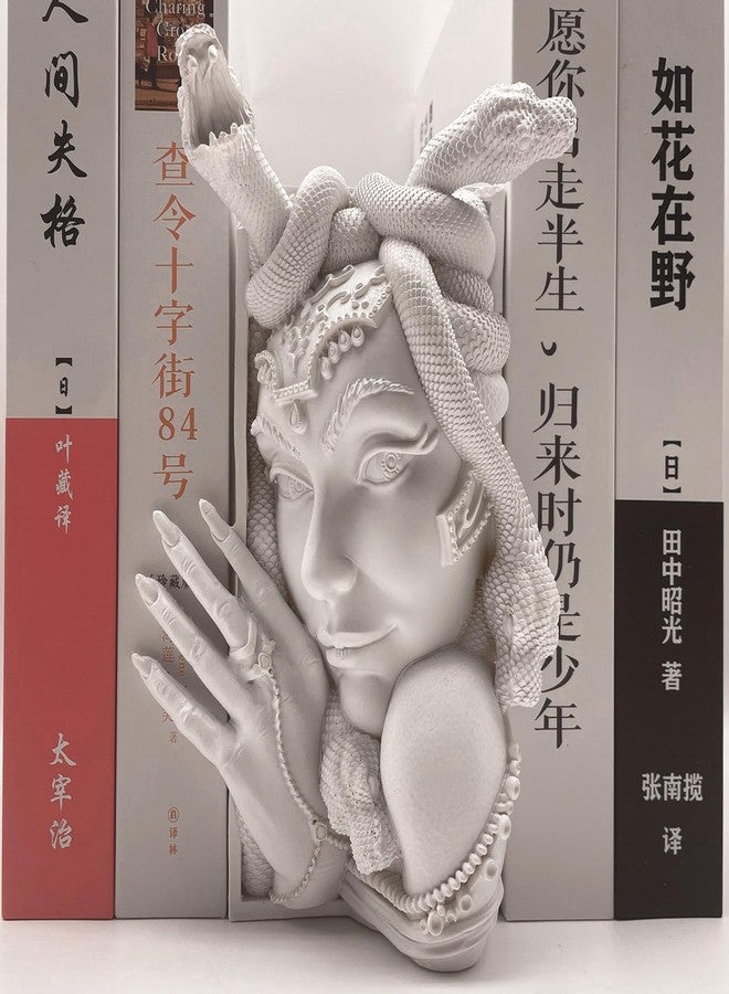 JARPSIRY Medusa Head Book Nook, Unique Snake Women Face Decorative Bookends, Heavy Duty Book Stopper for Home Office Desk, Vintage Shelf Decor (White) - Image 1