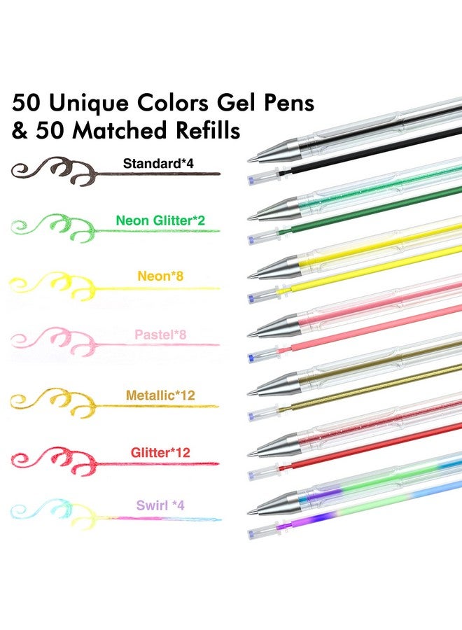 Lineon 100 Pack Gel Pens Set 50 Colors Gel Pens With 50 Refills Gel Pen Set For Adult Coloring Books Drawing Doodling Art Markers - Image 2