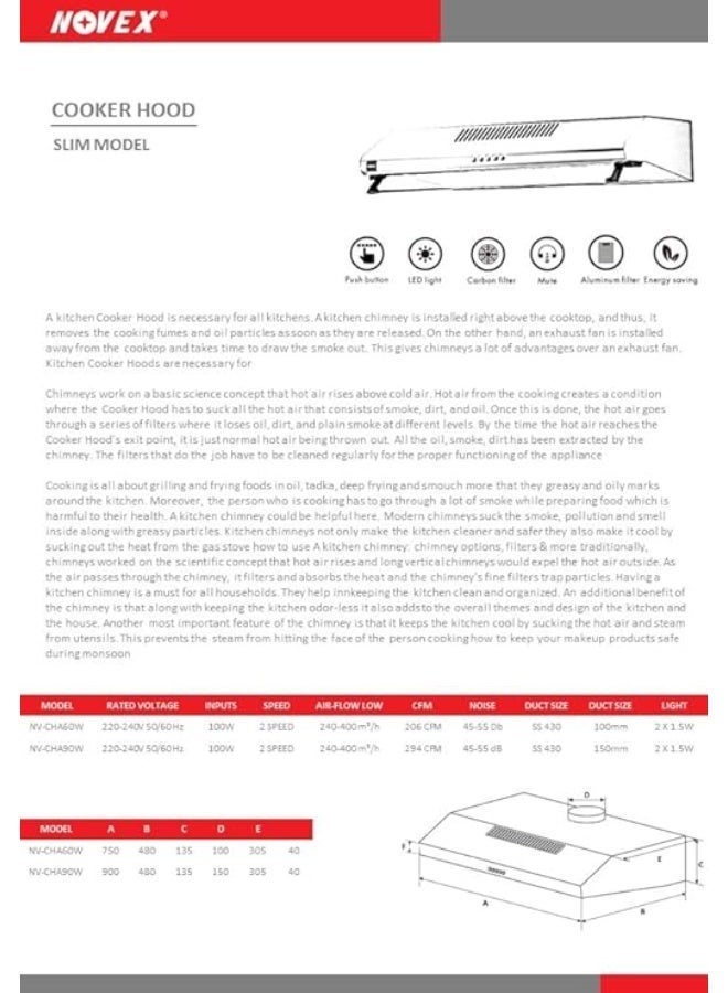 نوفيكس شفاط مطبخ نحيف 90 سم (أبيض) | مروحة شفط للمطبخ | تهوية خارجية ومعاد تدويرها | إضاءة LED موفرة للطاقة - Image 5