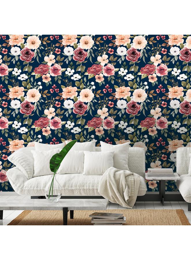 Bluejw Watercolor Floral Navy Blue Beige Cream Wind Detachable Temporary Wallpaper Floral Wall Decoration Self Adhesive Wallpaper - Image 2