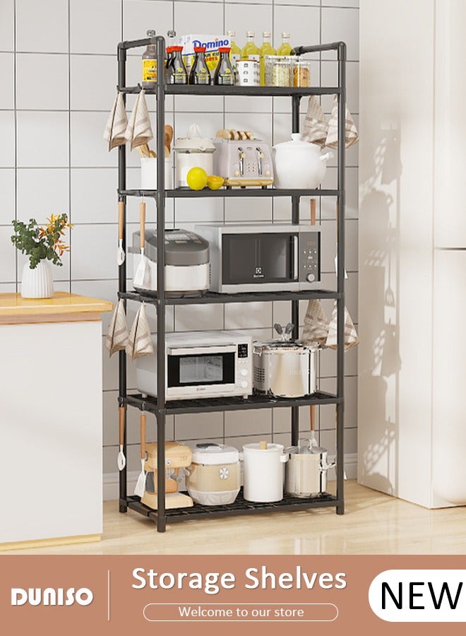 DUNISO 5 Tier Storage Shelves, Stable Kitchen Shelf Organizer, Storage Rack with Armrests, Removable Free Standing Rack with Hooks, Multipurpose Rack, Shelving Unit for Laundry Room,Living Room,Garage,Pantry,Study Room - Image 1