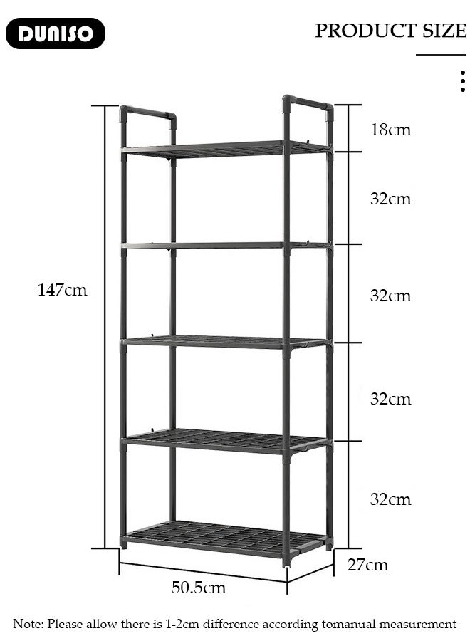 DUNISO 5 Tier Storage Shelves, Stable Kitchen Shelf Organizer, Storage Rack with Armrests, Removable Free Standing Rack with Hooks, Multipurpose Rack, Shelving Unit for Laundry Room,Living Room,Garage,Pantry,Study Room - Image 4