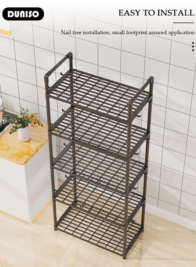 DUNISO 5 Tier Storage Shelves, Stable Kitchen Shelf Organizer, Storage Rack with Armrests, Removable Free Standing Rack with Hooks, Multipurpose Rack, Shelving Unit for Laundry Room,Living Room,Garage,Pantry,Study Room - Image 5