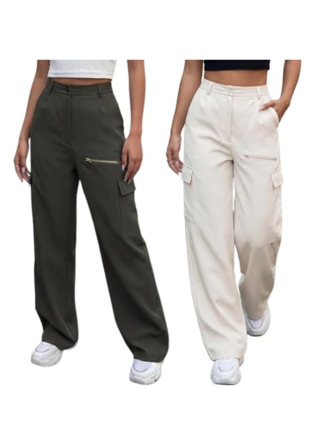 GRECIILOOKS Cargo Pants For Woman | Trousers For Womans |High Waist Trouser for Women – Flared Parachute Pants with Side Pockets |Womens Cargo Pant | Elegant for College & Events (pack of 2) - Image 1