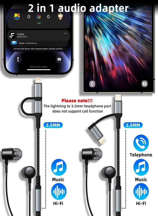 HOYULLI USB C lightning to 3.5mm Headphone Jack Adapter(2in1)for iPhone 16 15 14 13 AUX Audio Cable Splitter for Apple MFI Certification Connector Compatible for Samsung S25 for iPad Car Alxiliary Accessories - Image 2
