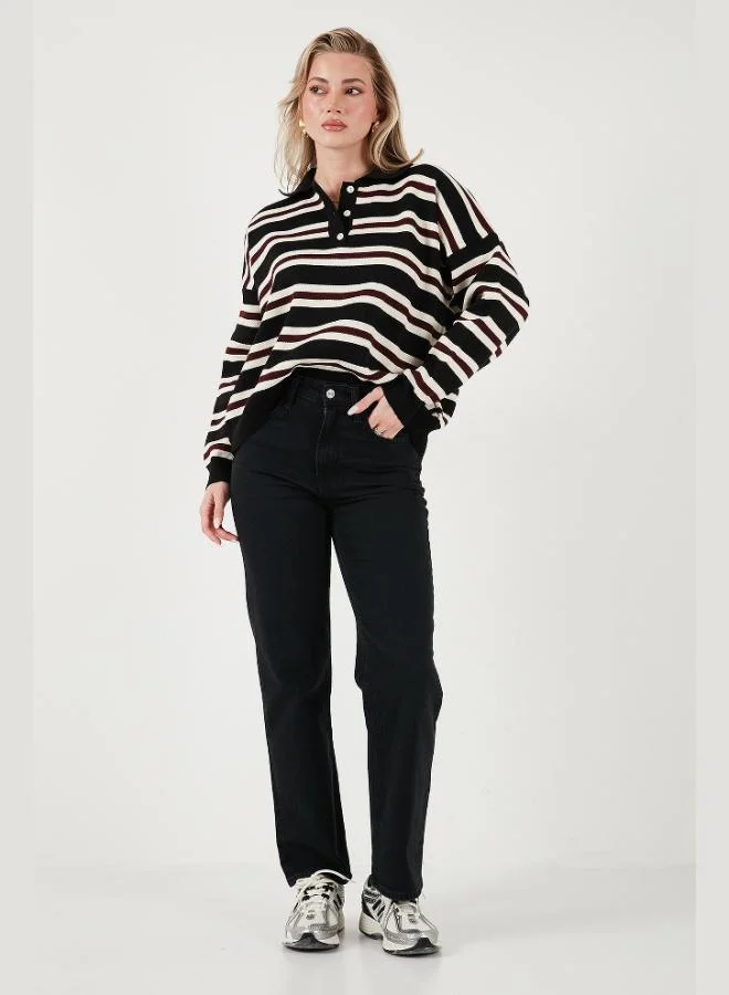 Lela Lela Striped Oversize Fit Button-Down Polo Collar Sweater Women's POLO COLLAR SWEATER 4615259