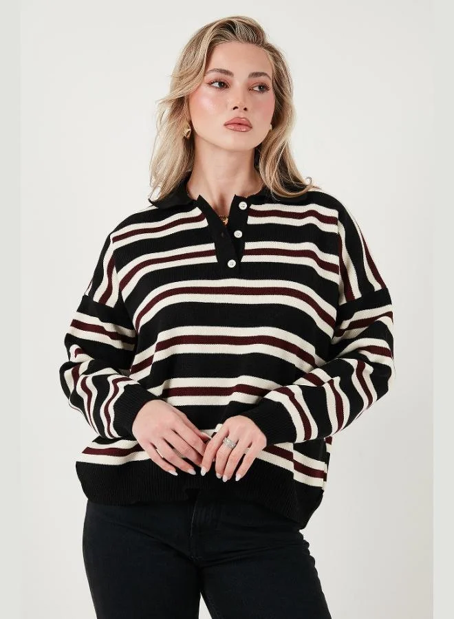 Lela Lela Striped Oversize Fit Button-Down Polo Collar Sweater Women's POLO COLLAR SWEATER 4615259