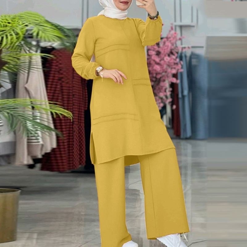 Muslim Womens Solid Color Two-piece Clothing Sportswear Elegant Long-sleeved Shirt Wide-leg Pants Set Yellow - Image 1