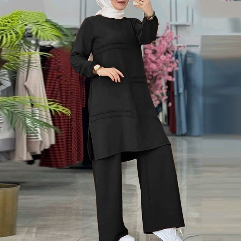 Muslim Womens Solid Color Two-piece Clothing Sportswear Elegant Long-sleeved Shirt Wide-leg Pants Set Yellow - Image 2
