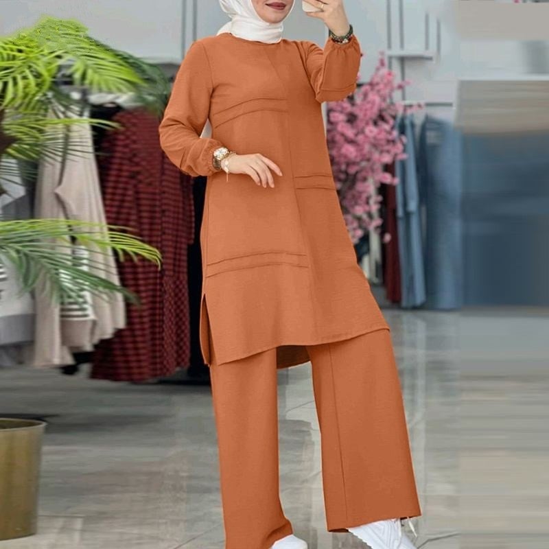 Muslim Womens Solid Color Two-piece Clothing Sportswear Elegant Long-sleeved Shirt Wide-leg Pants Set Yellow - Image 4