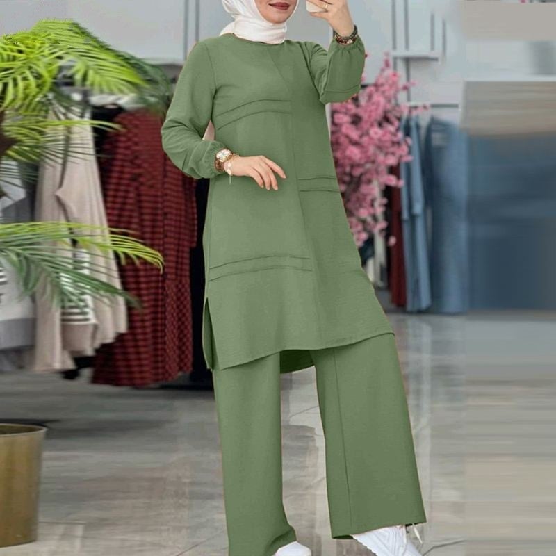 Muslim Womens Solid Color Two-piece Clothing Sportswear Elegant Long-sleeved Shirt Wide-leg Pants Set Yellow - Image 3