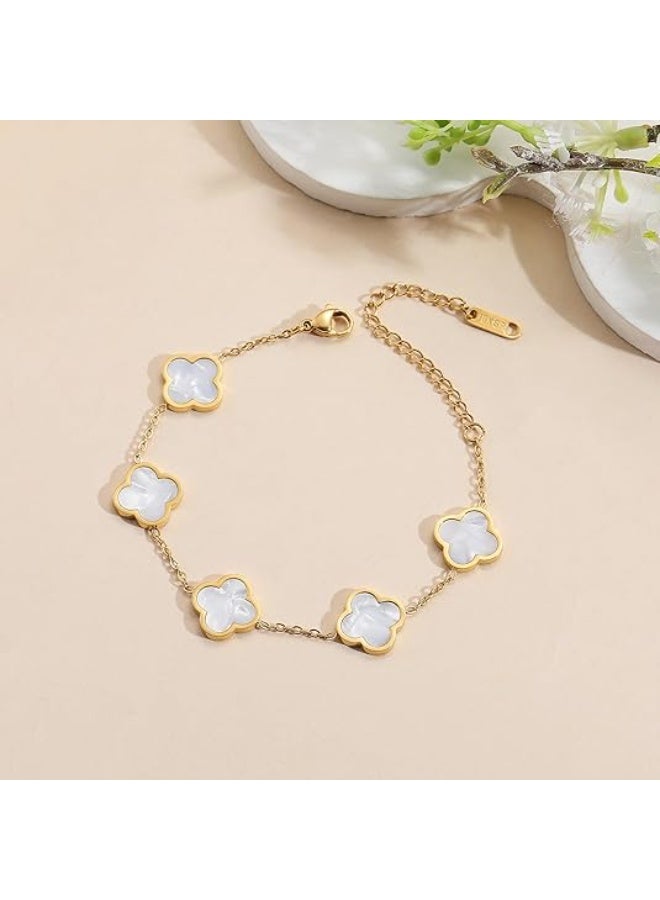 يوكانبي سوار من الفولاذ التيتانيوم مطلي بالذهب عيار 18 قيراط للنساء – تصميم برسمة البرسيم مع ترصيع صدفة اللؤلؤ، لا يبهت، إكسسوار أنيق - Image 2